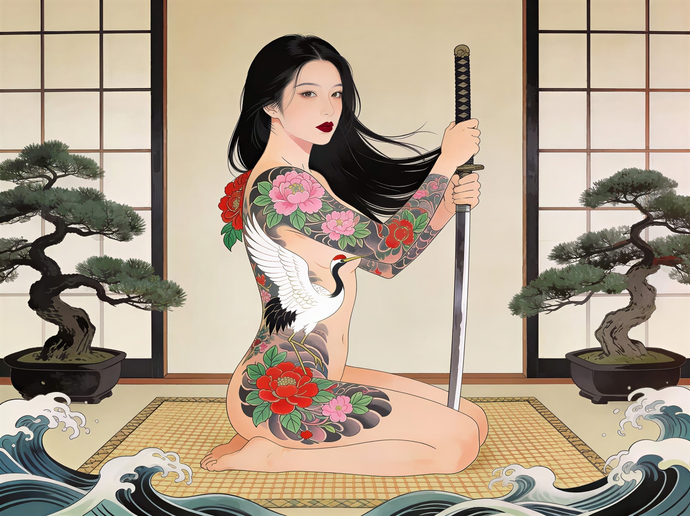 Tattooed Woman with Sword in Japanese Art Style