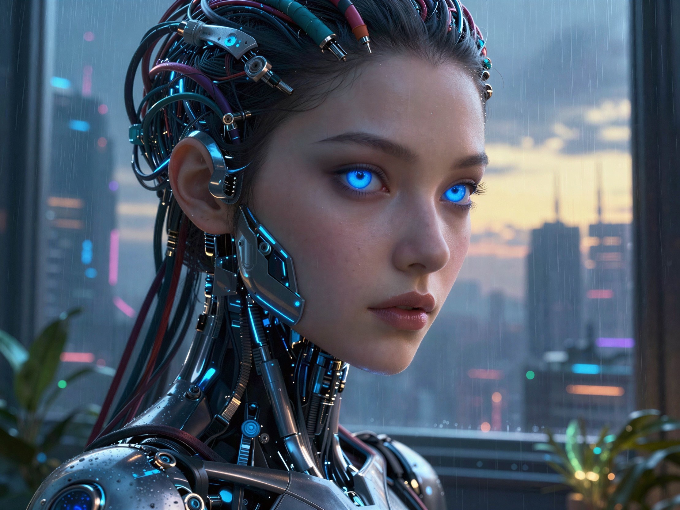 Young female cyborg in a futuristic cyberpunk city