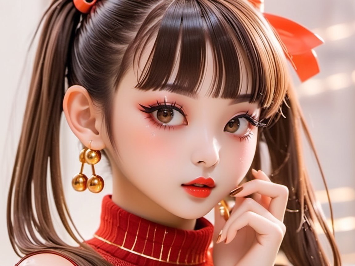 Young girl with striking features and red ribbons in hair