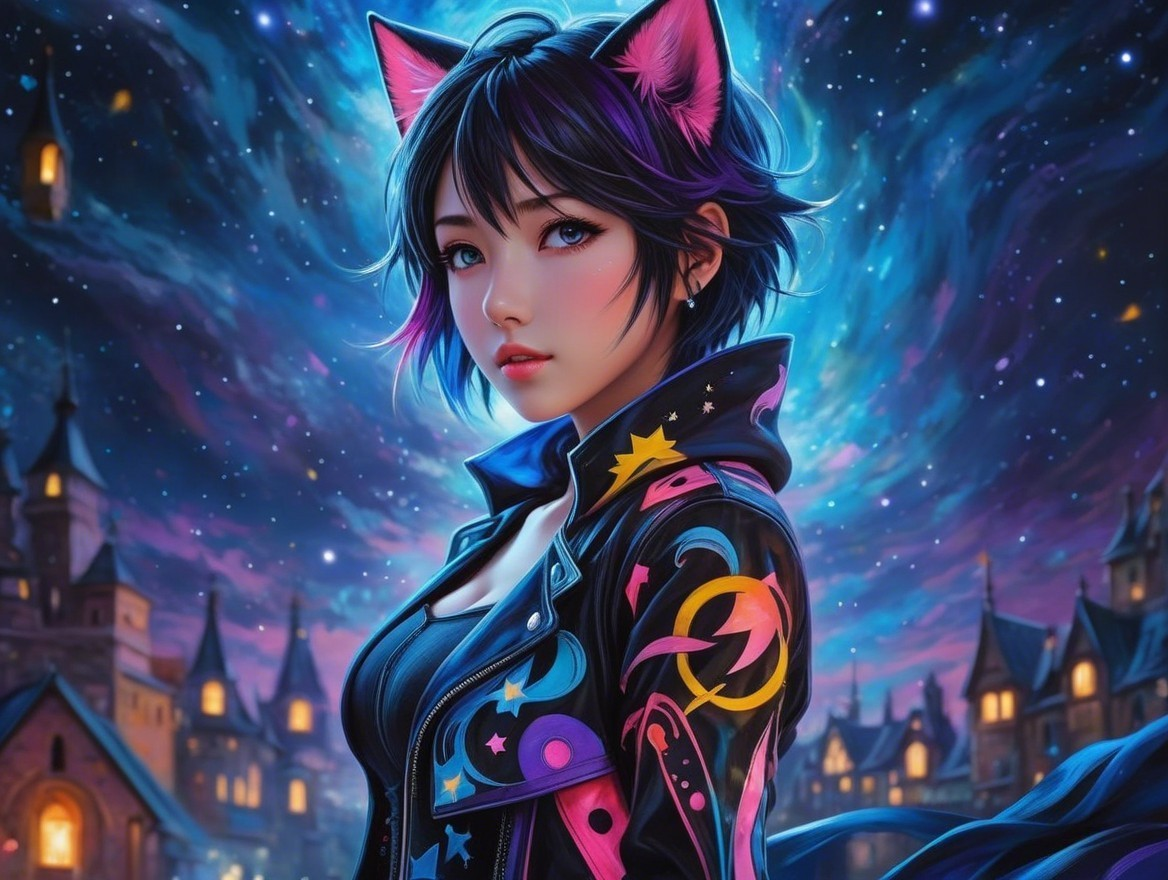 Colorful Fantasy Scene with Cat-Eared Woman