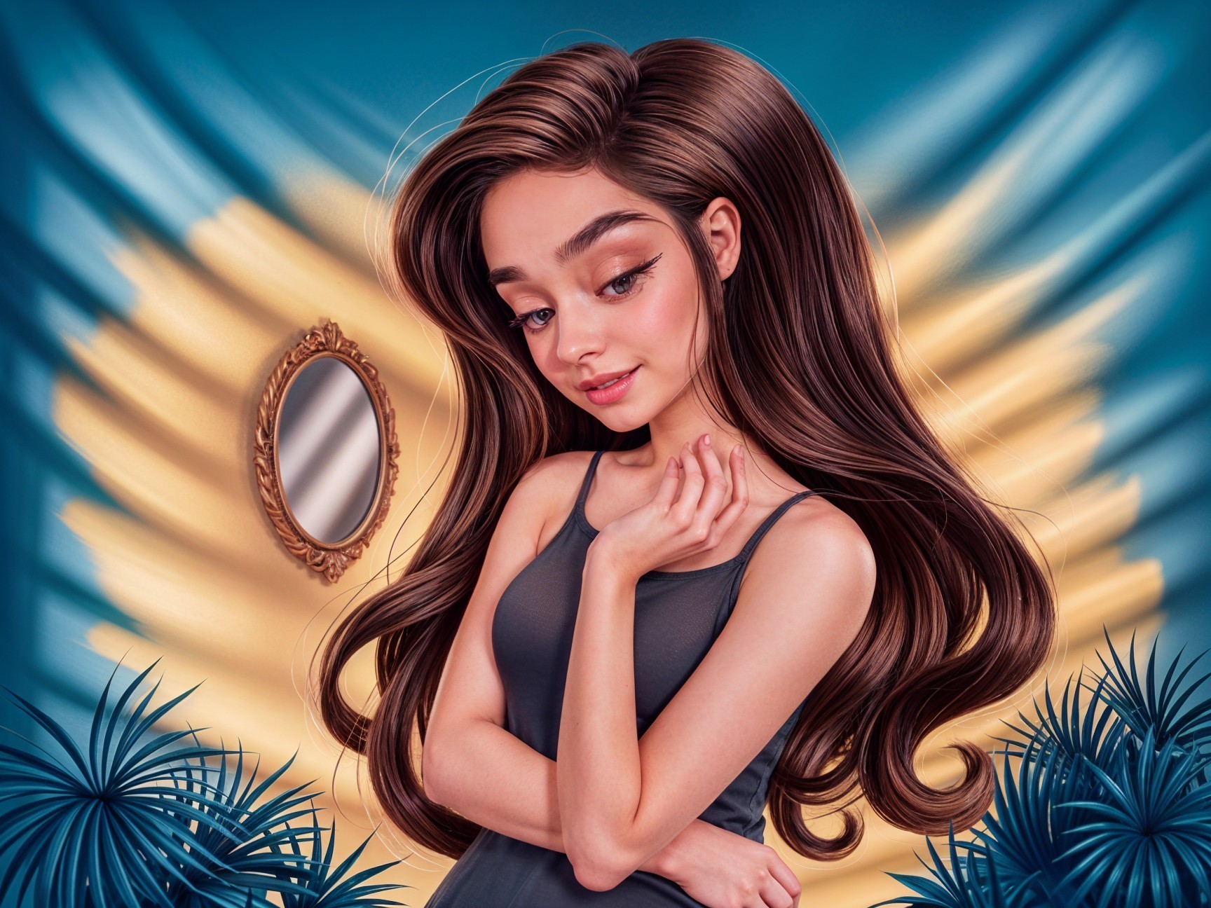 Young Woman Posing with Elegant Hair and Vibrant Background