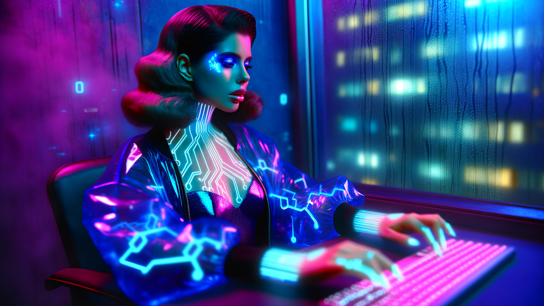 Futuristic woman with glowing circuitry in cyberpunk setting