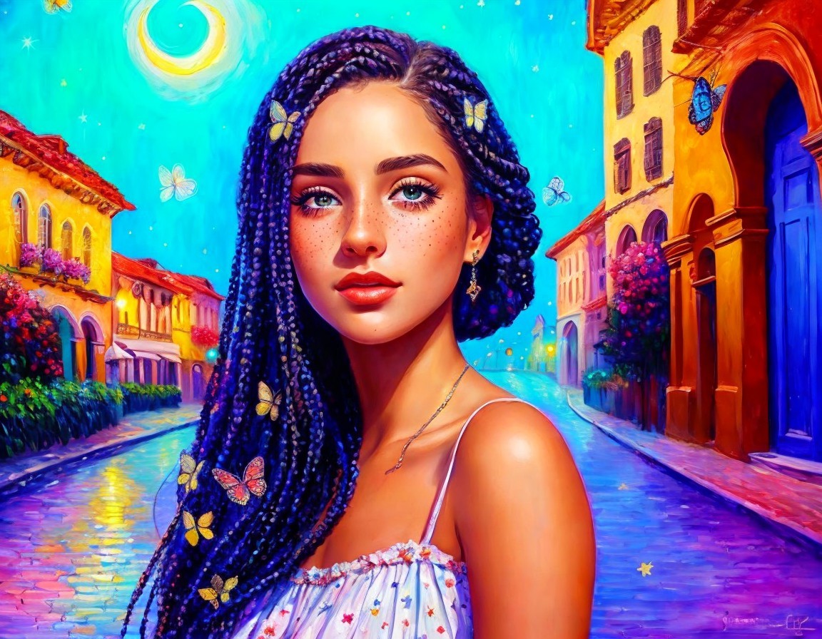 Vibrant Portrait of a Young Woman with Butterflies