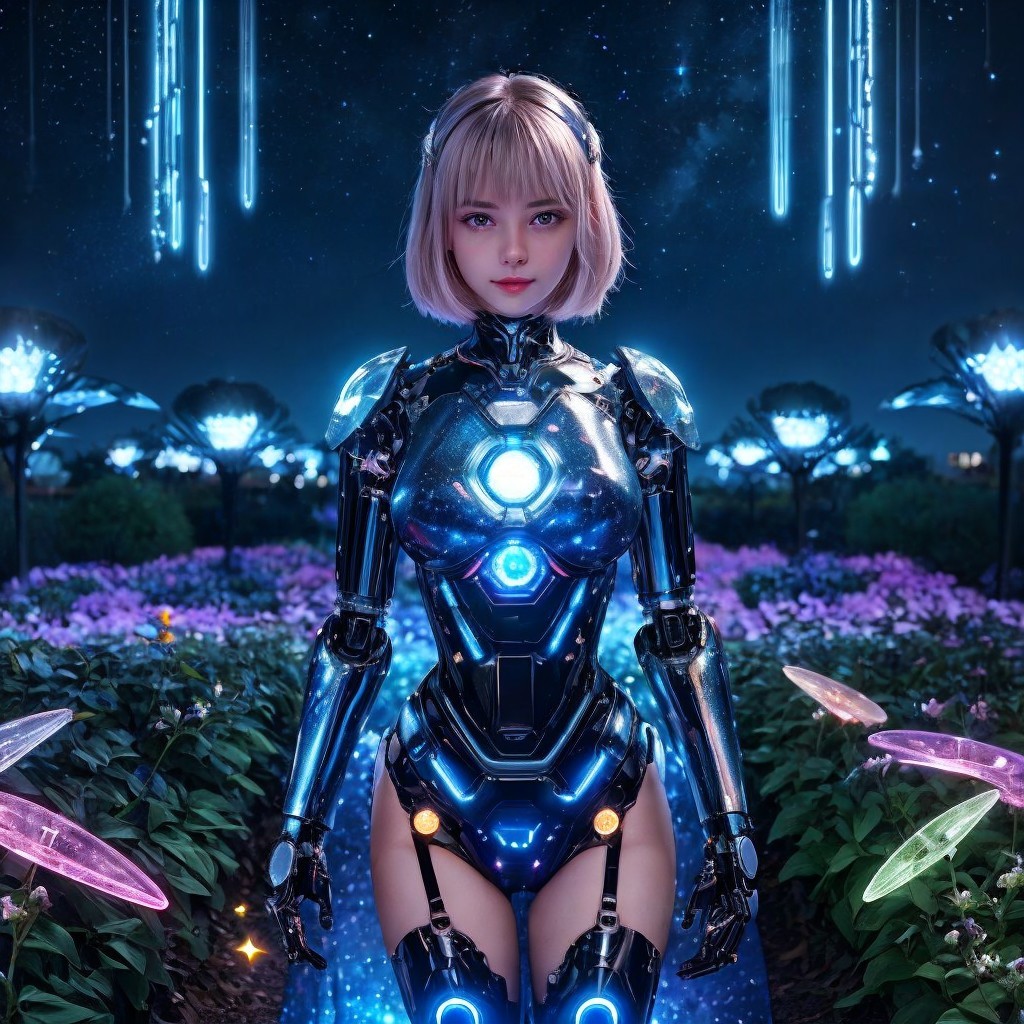 Futuristic Robot Woman in Luminous Garden Setting