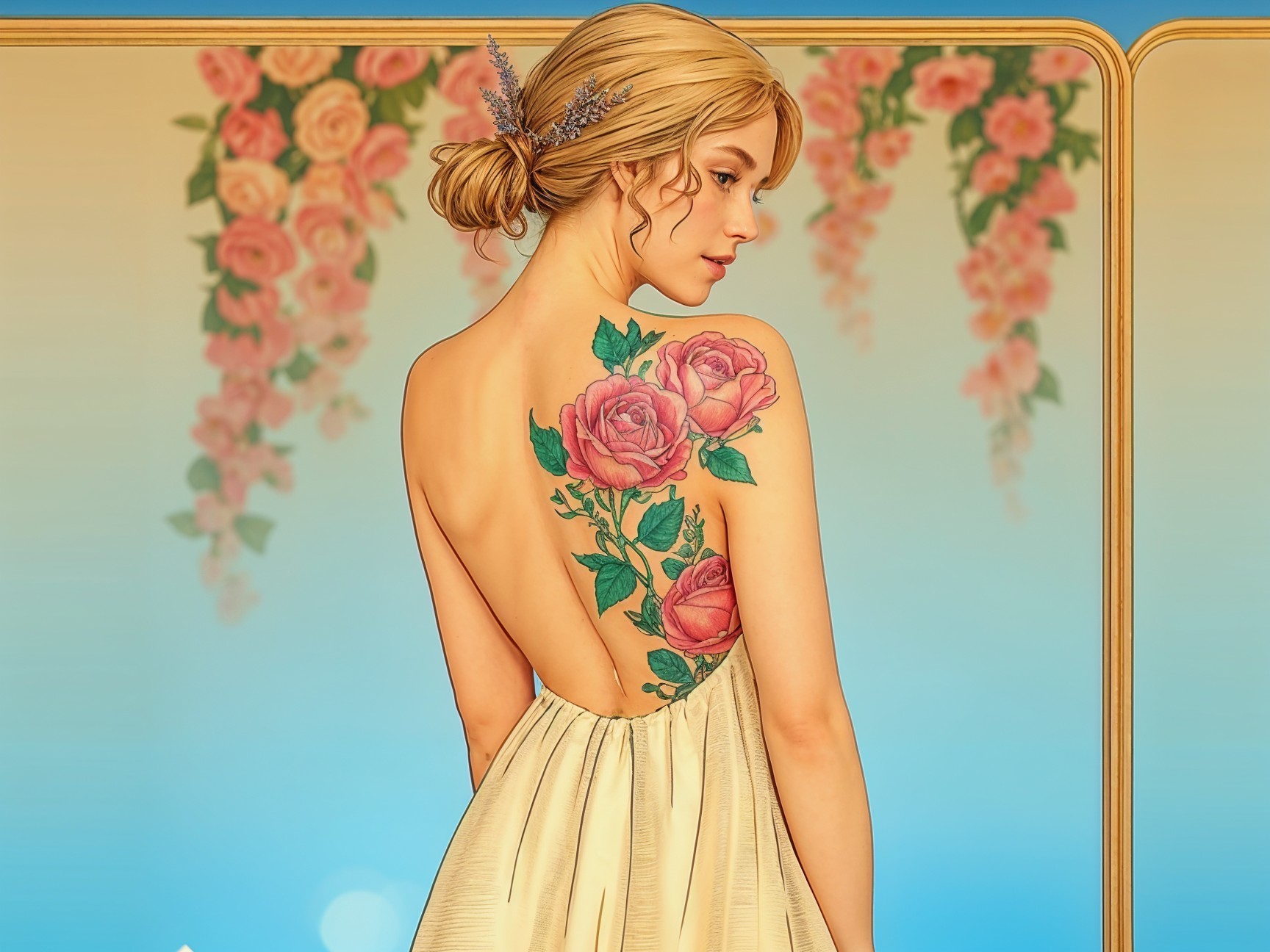 Elegant Woman with Rose Tattoo in Backless Gown