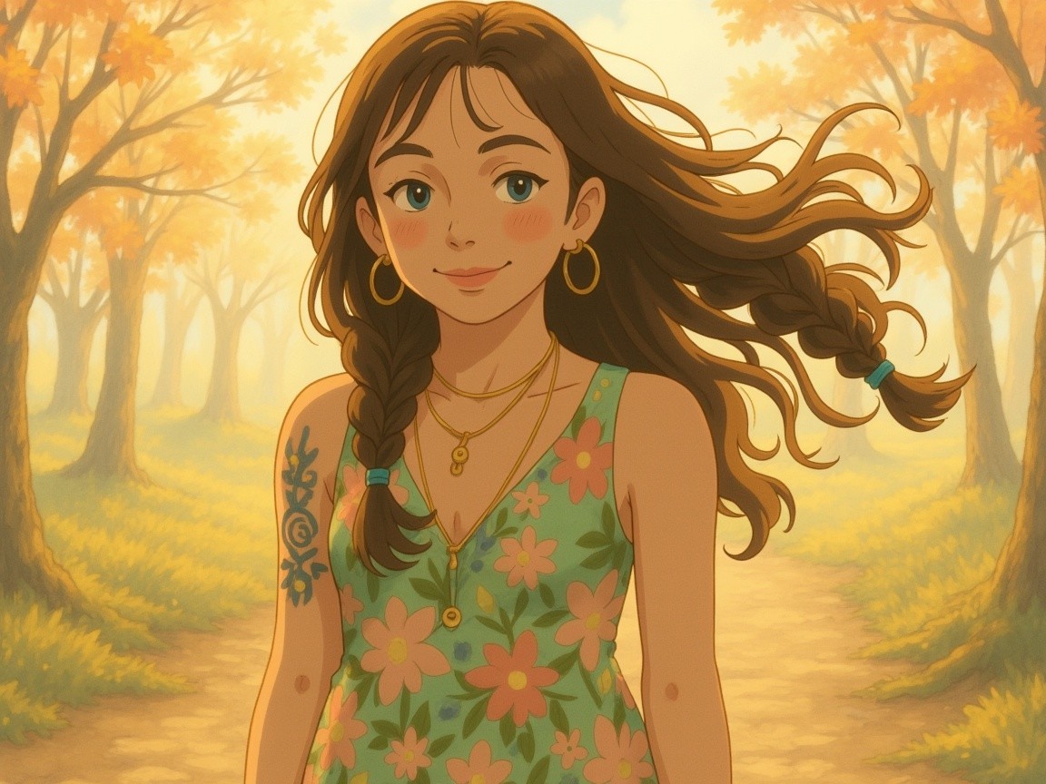 Young girl in floral dress on autumn path