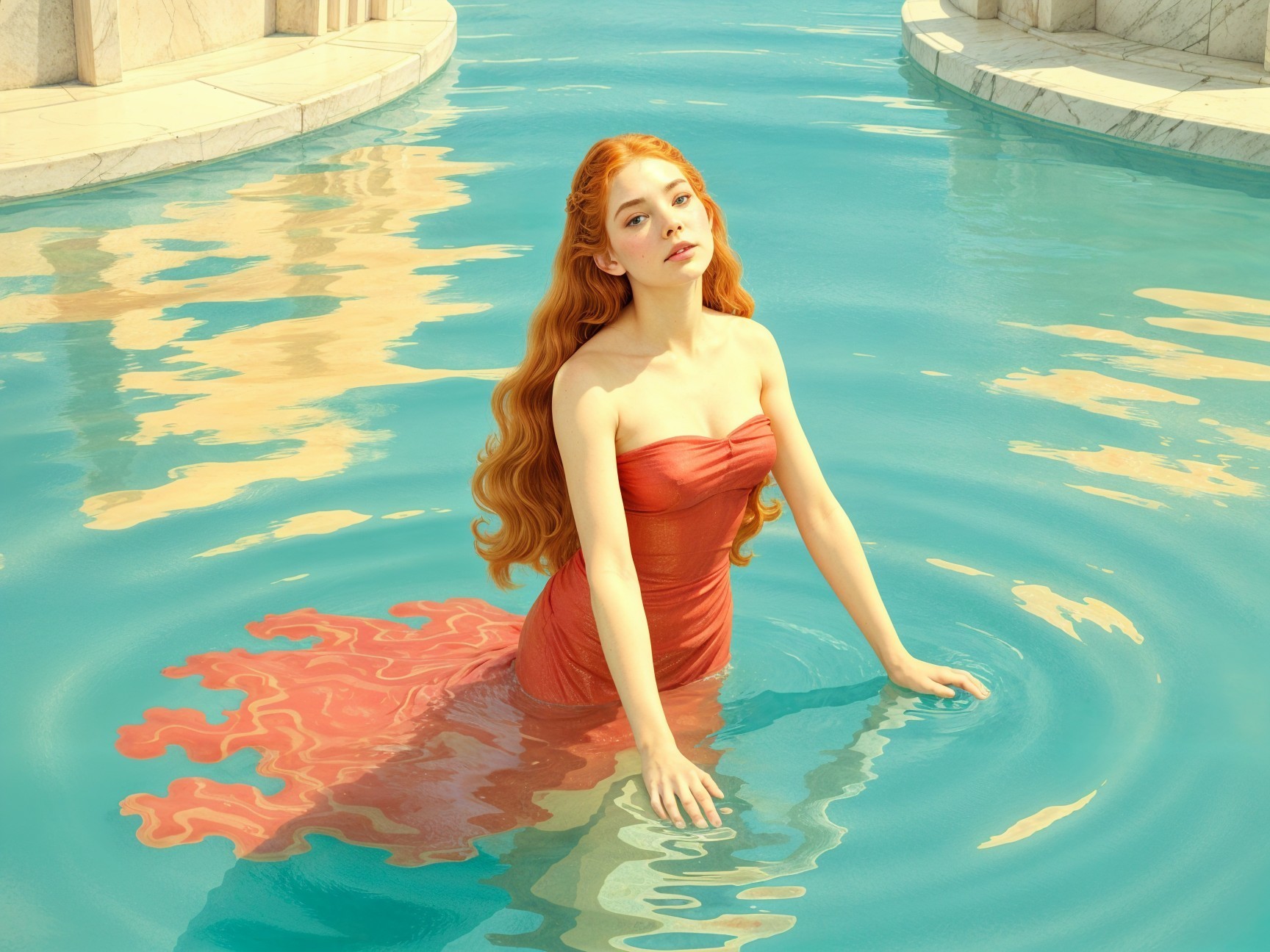 Young Woman in Coral Dress by Turquoise Pool