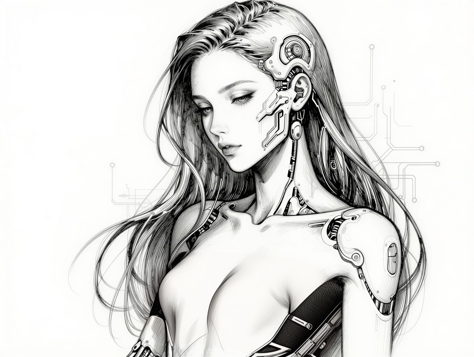 Black and White Line Art of Cybernetic Woman