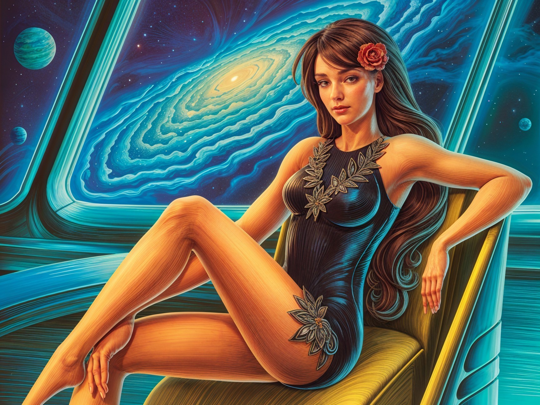 Serene Woman in Futuristic Cosmic Setting