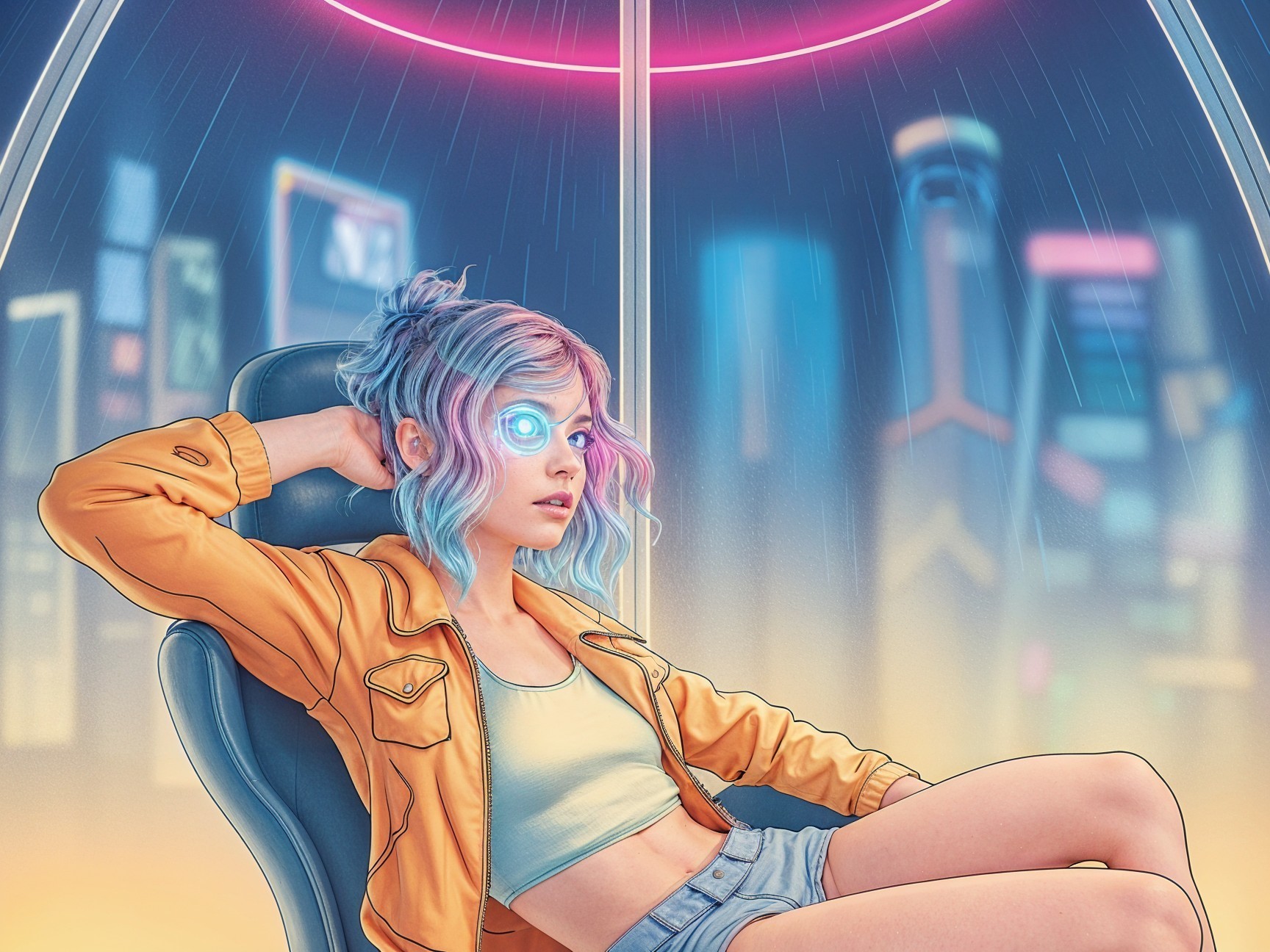 Futuristic Scene with Young Woman in Neon Urban Setting