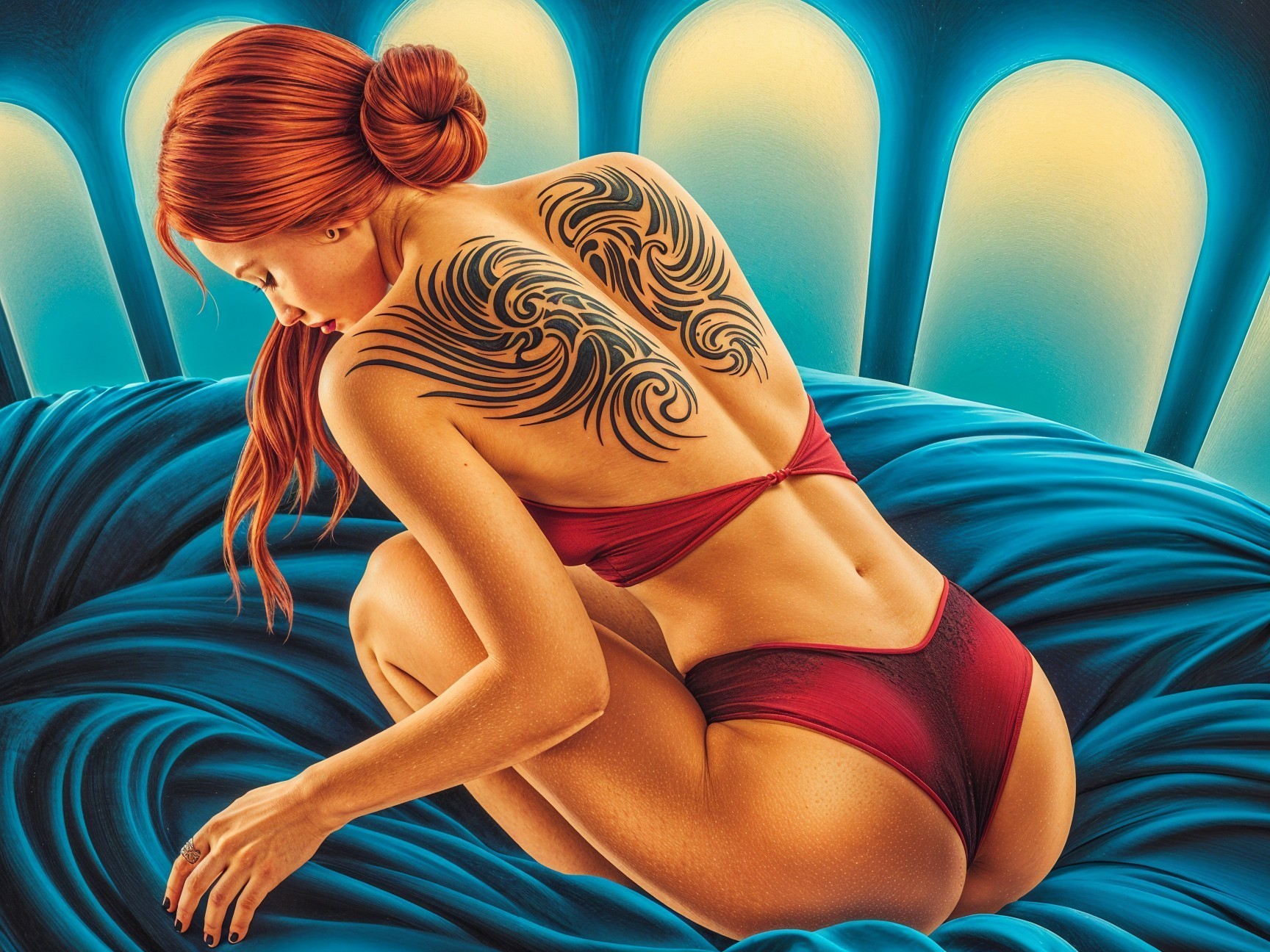 Woman with Red Hair and Tribal Tattoos on Blue Surface