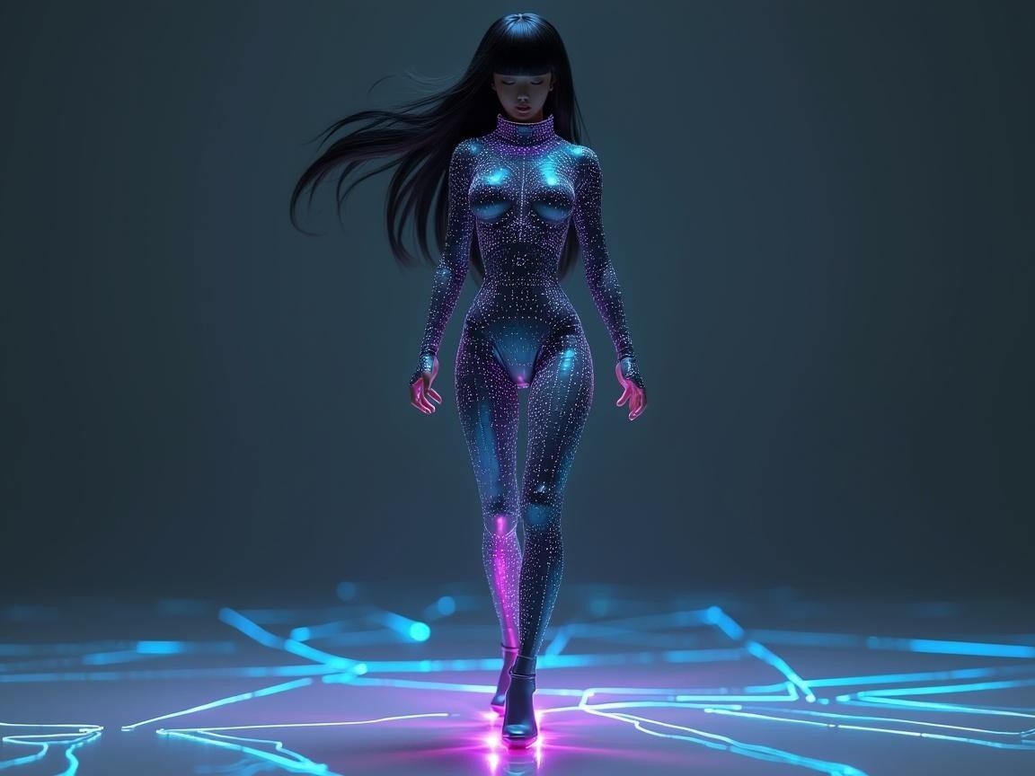 Futuristic Figure in Glimmering Bodysuit with Lights