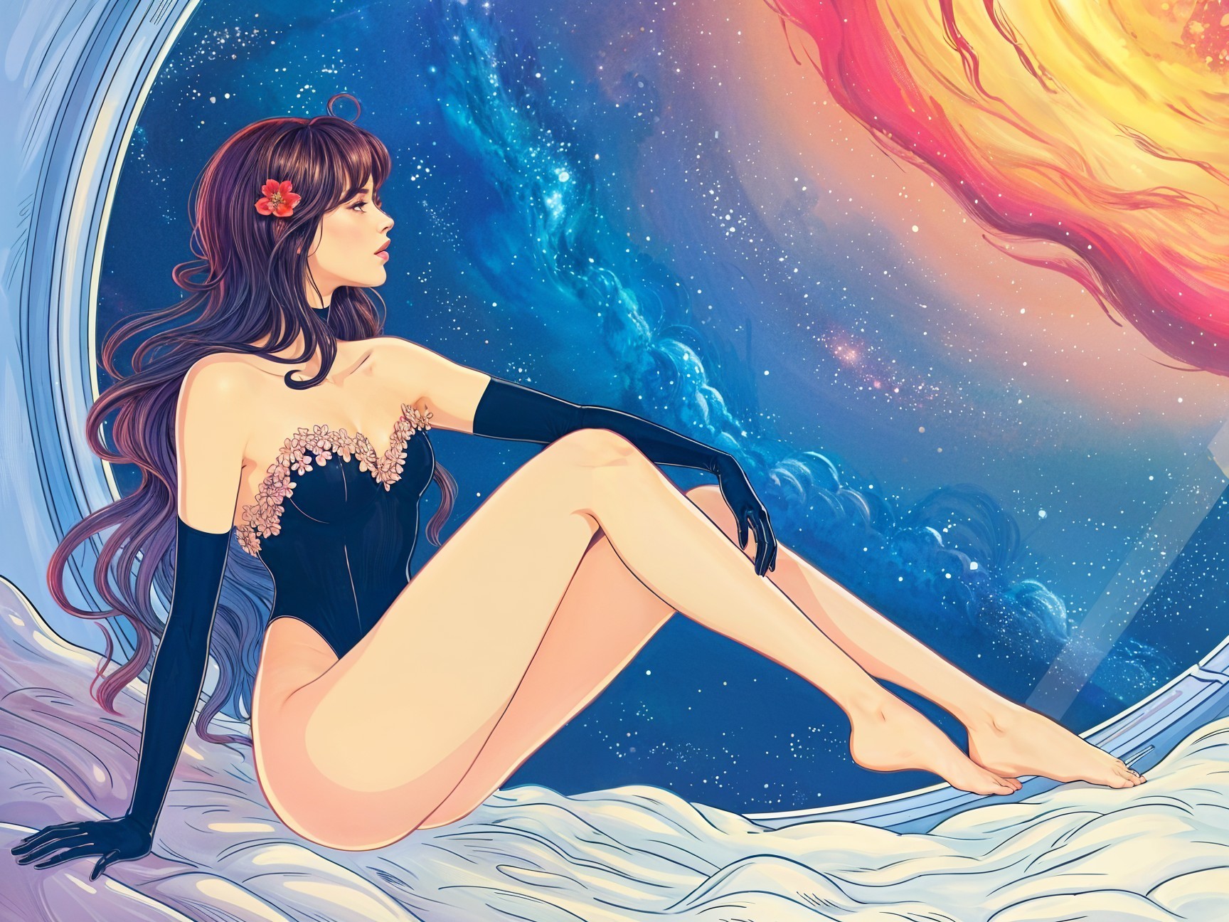Serene Woman in Cosmic Backdrop Illustration