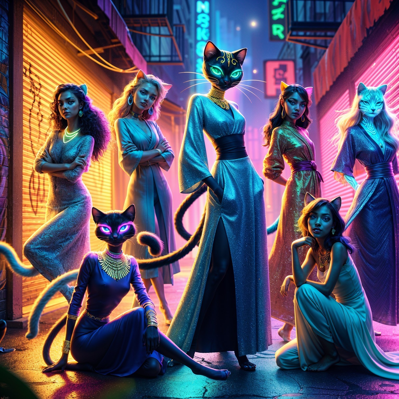 Neon-Lit Alley with Elegantly Dressed Feline Women