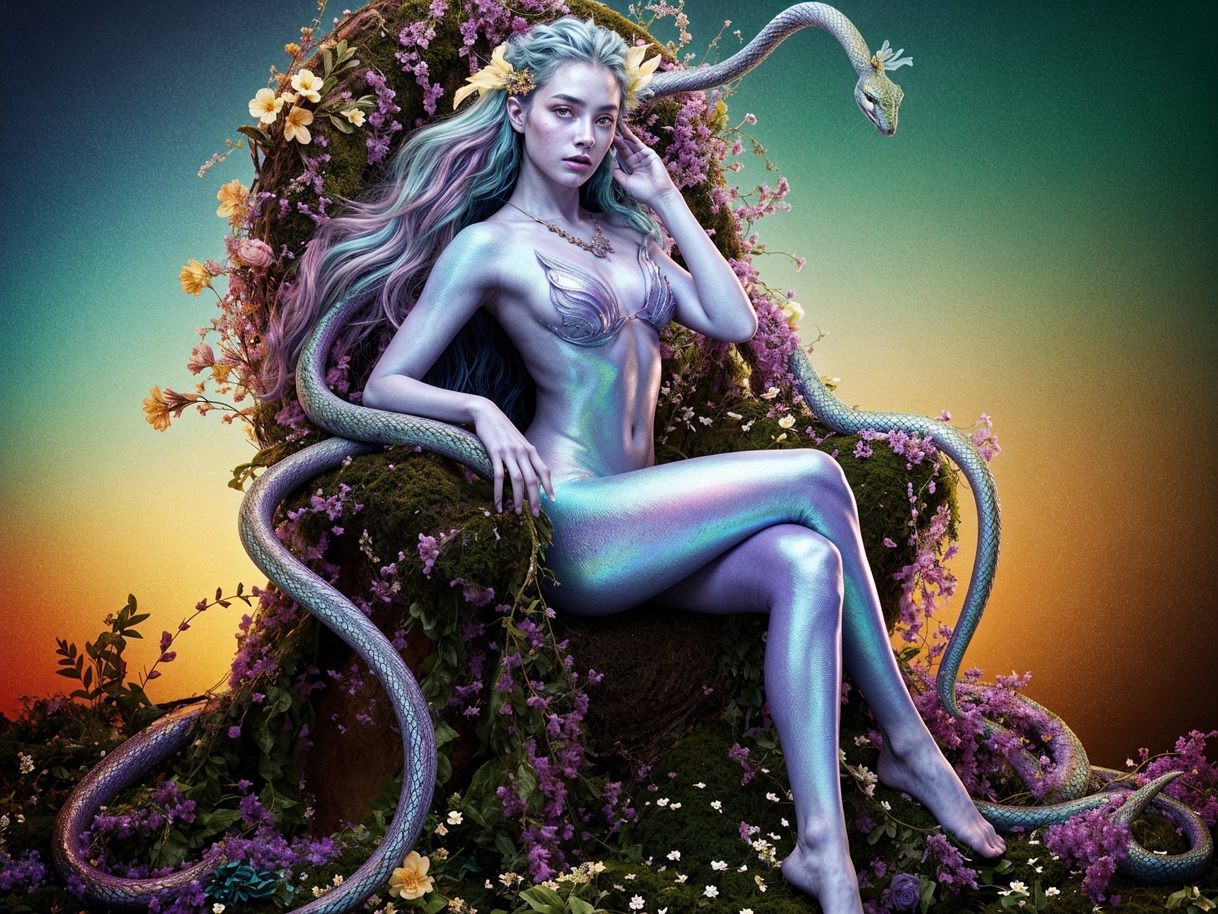 Mystical figure with iridescent skin in vibrant flora