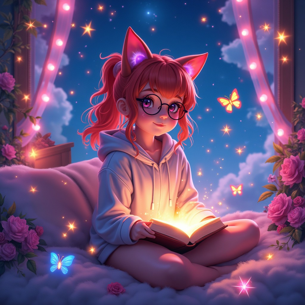 Whimsical Scene of Girl with Cat Ears and Magic Glow