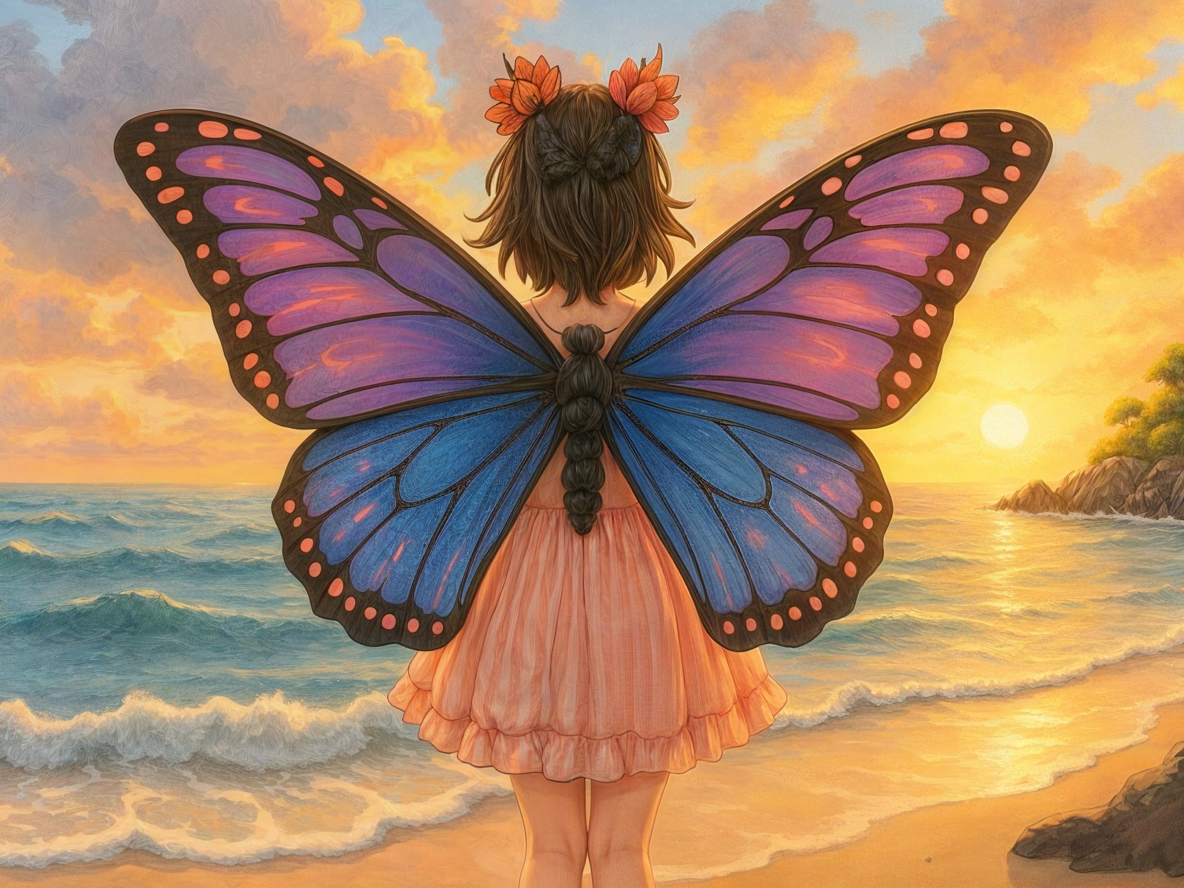 Young girl with butterfly wings at sunset shore