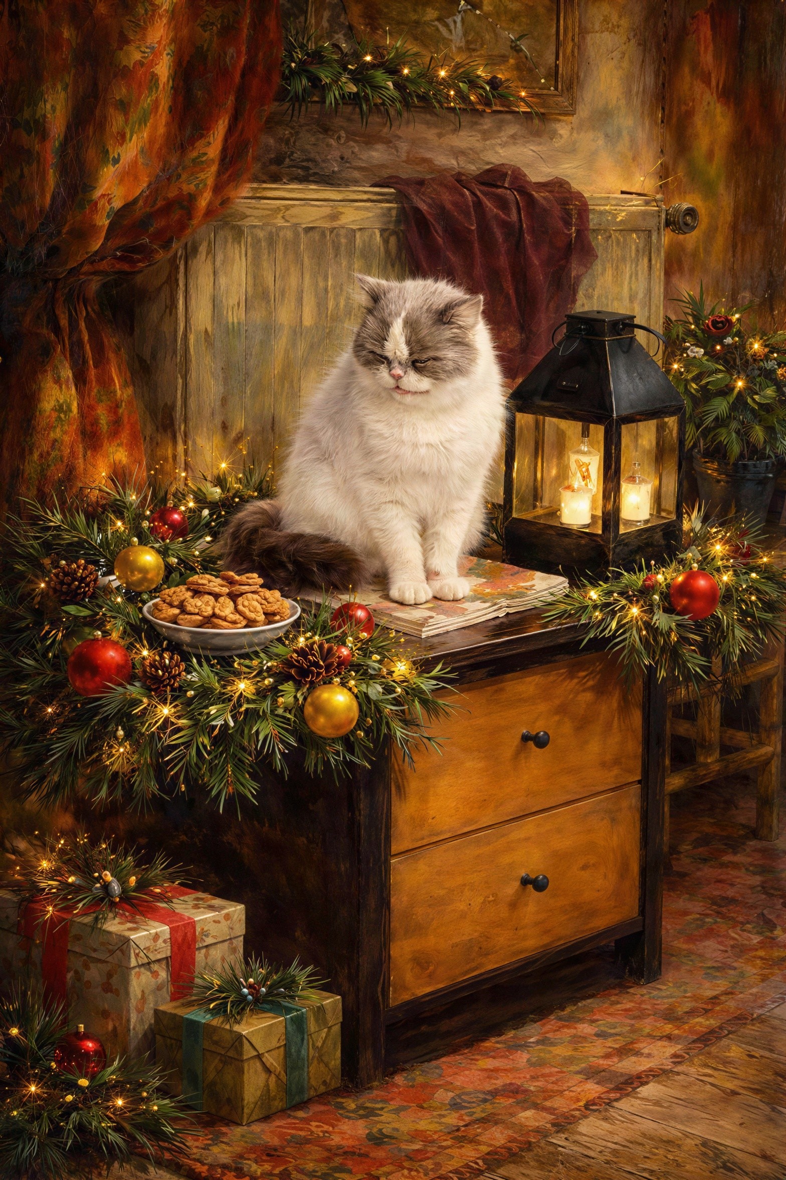 Hyperrealistic Painting of a Cat on a Christmas Nightstand