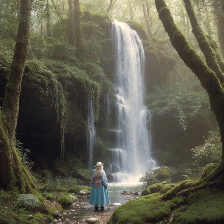 Serene Waterfall in Lush Forest Setting with Figure