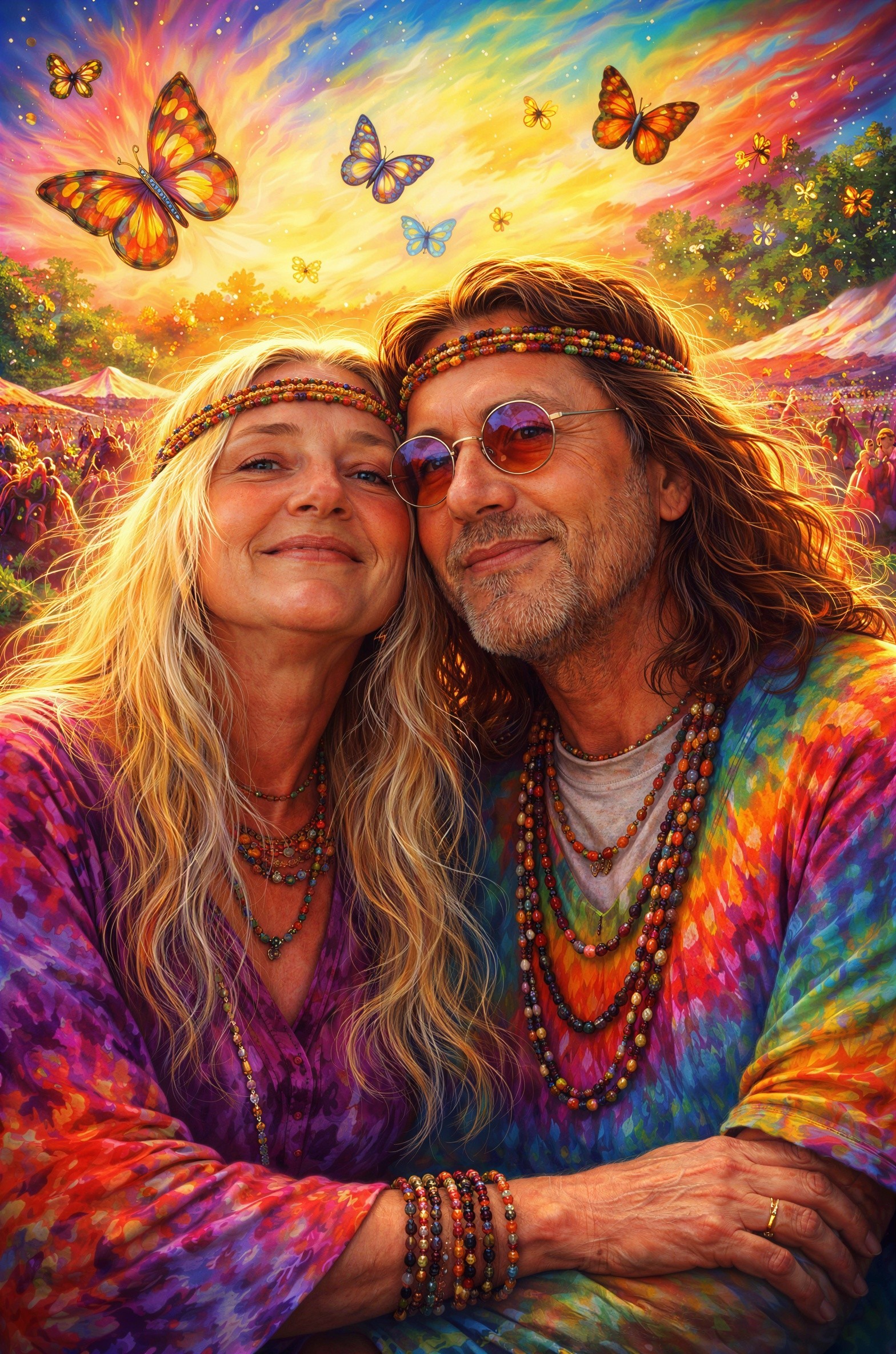 Digital Painting of Happy Middle-Aged Hippies in Tie-Dye