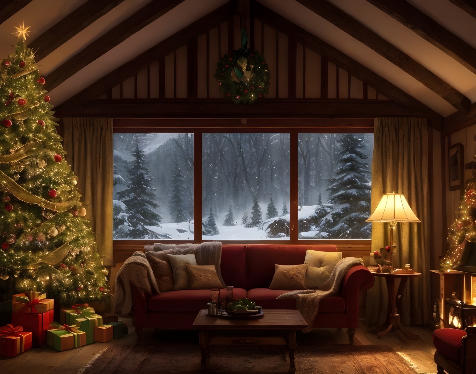 Festive Christmas interior with tree, gifts, sofa, snowy forest view