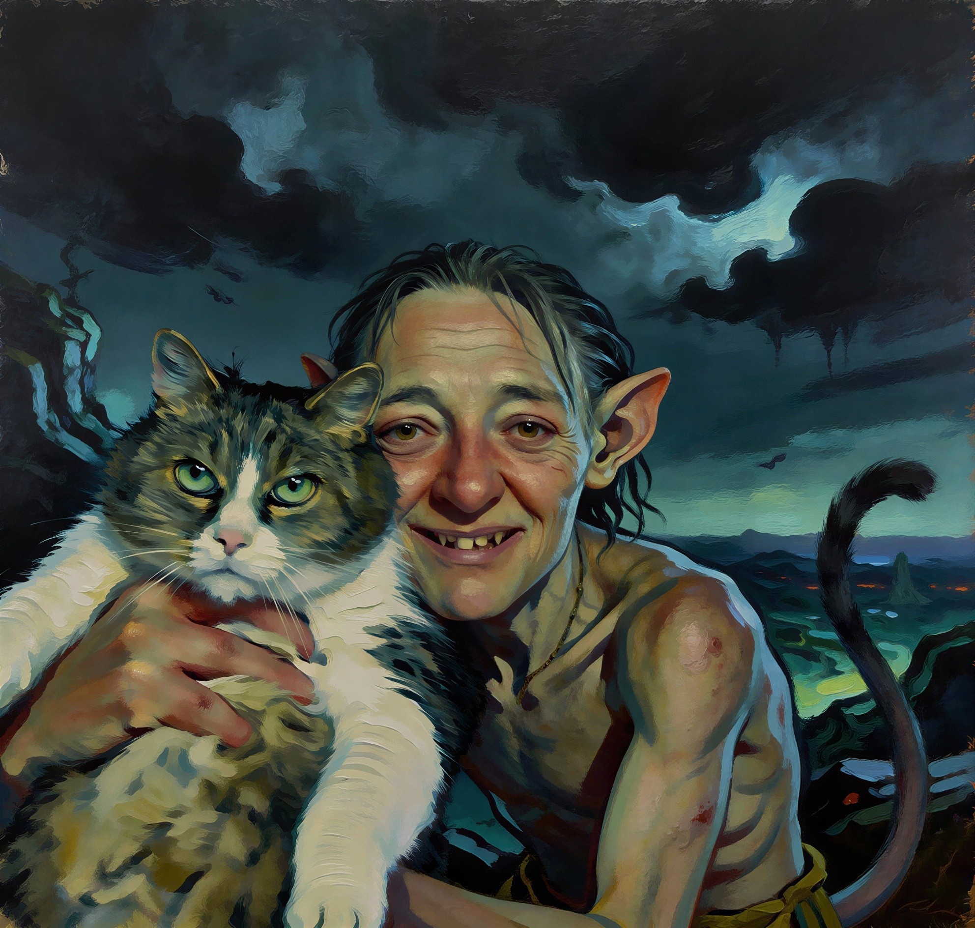 Fantasy Portrait of a Creature with a Cat in Detail