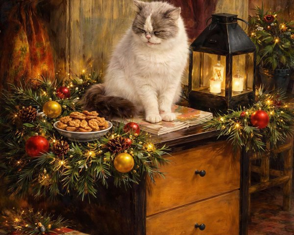 Hyperrealistic Painting of a Cat on a Christmas Nightstand