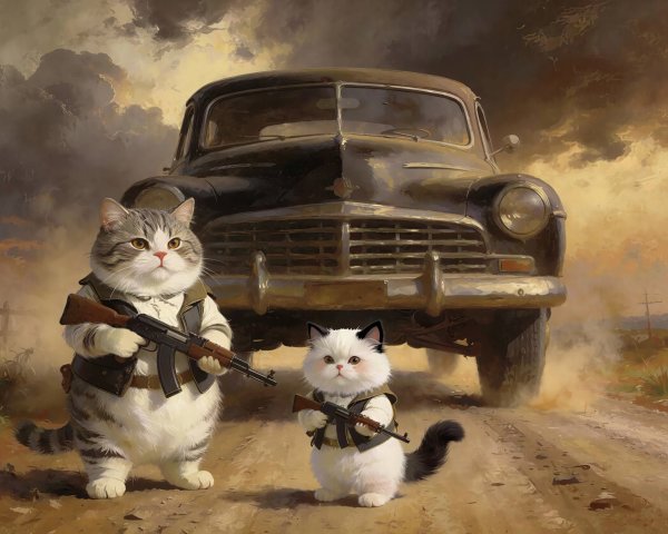 Armed Fluffy Cats on a Dusty Road by Old Car