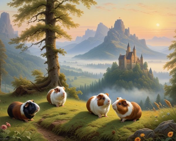 Guinea Pigs Exploring a Whimsical Landscape at Sunset