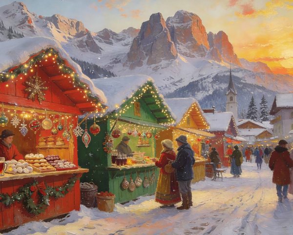 Christmas Market Scene in Snowy Mountain Village