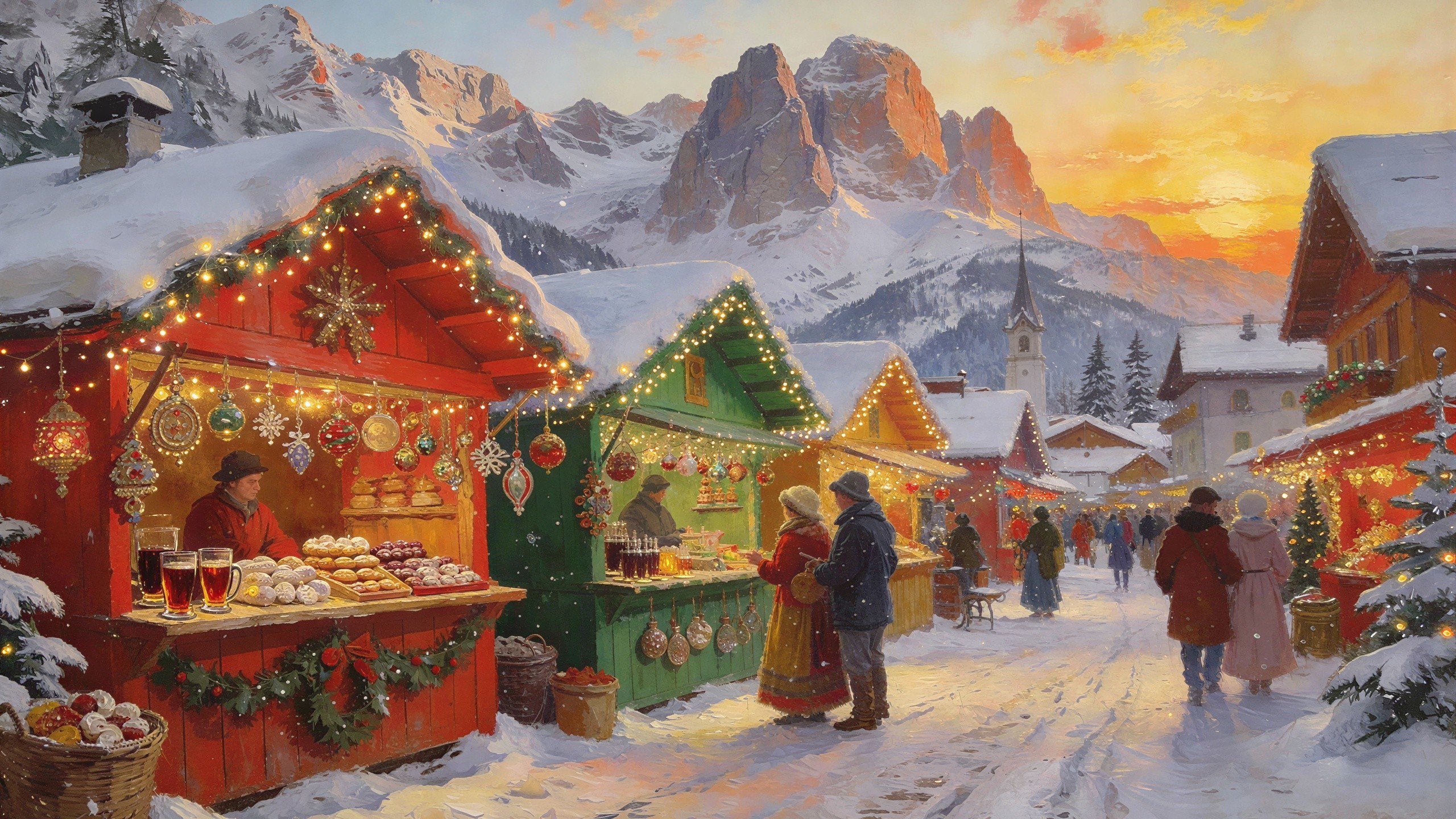 Christmas Market Scene in Snowy Mountain Village