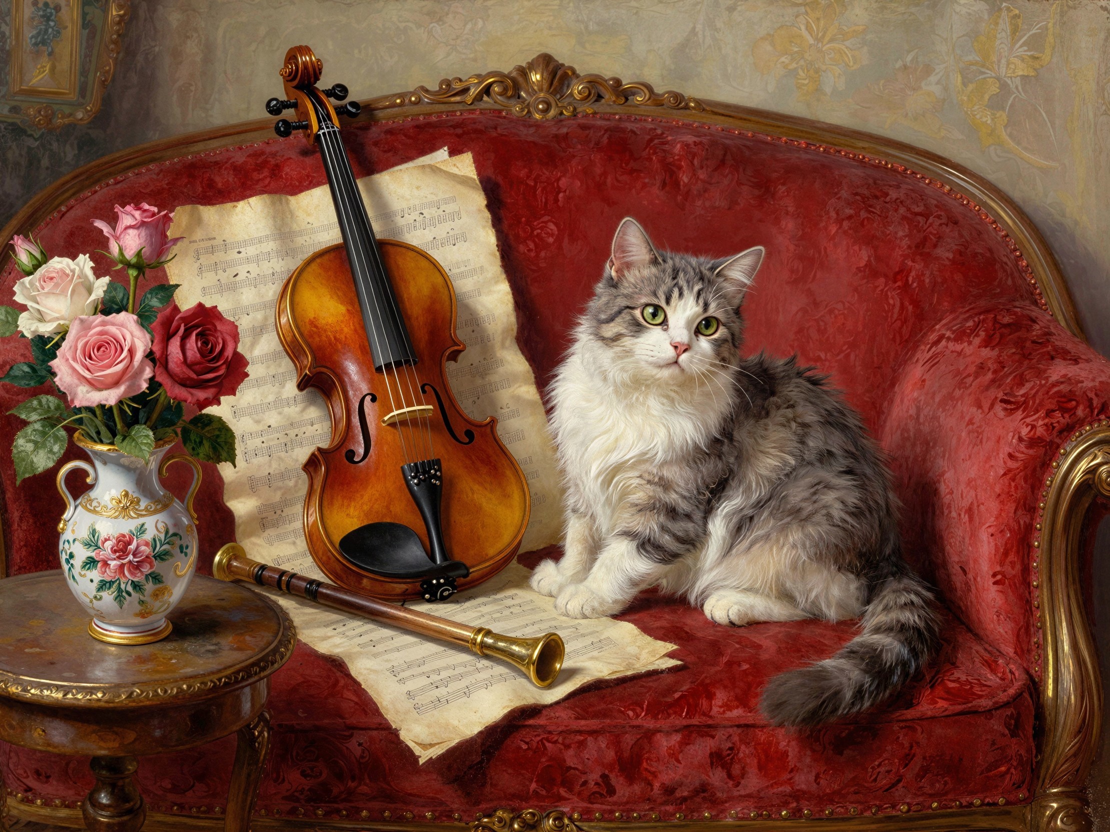 Cat on Red Velvet Couch Surrounded by Instruments