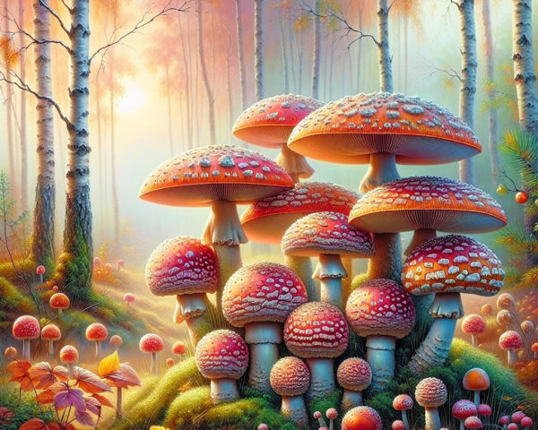 Vibrant forest scene with oversized red and white mushrooms