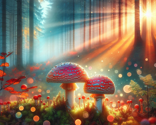 Vibrant Red Mushrooms in a Sunlit Forest Setting