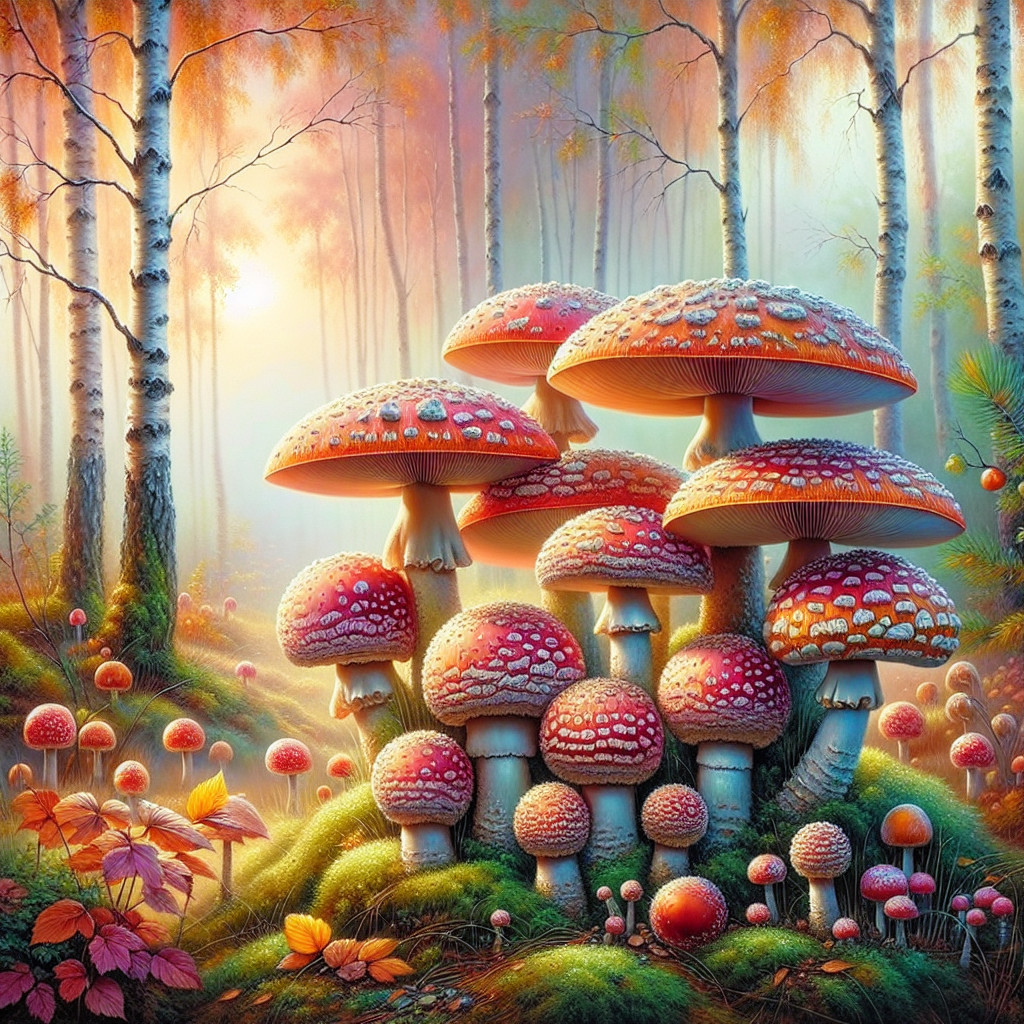 Vibrant forest scene with oversized red and white mushrooms