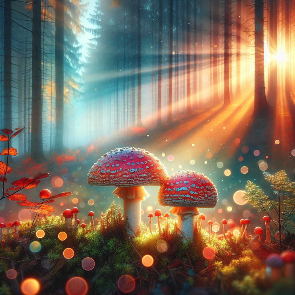 Vibrant Red Mushrooms in a Sunlit Forest Setting