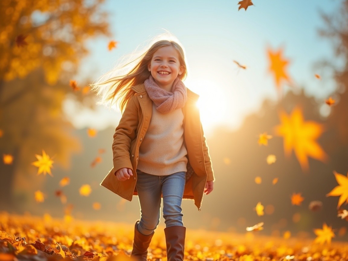 Young girl in vibrant autumn landscape with leaves