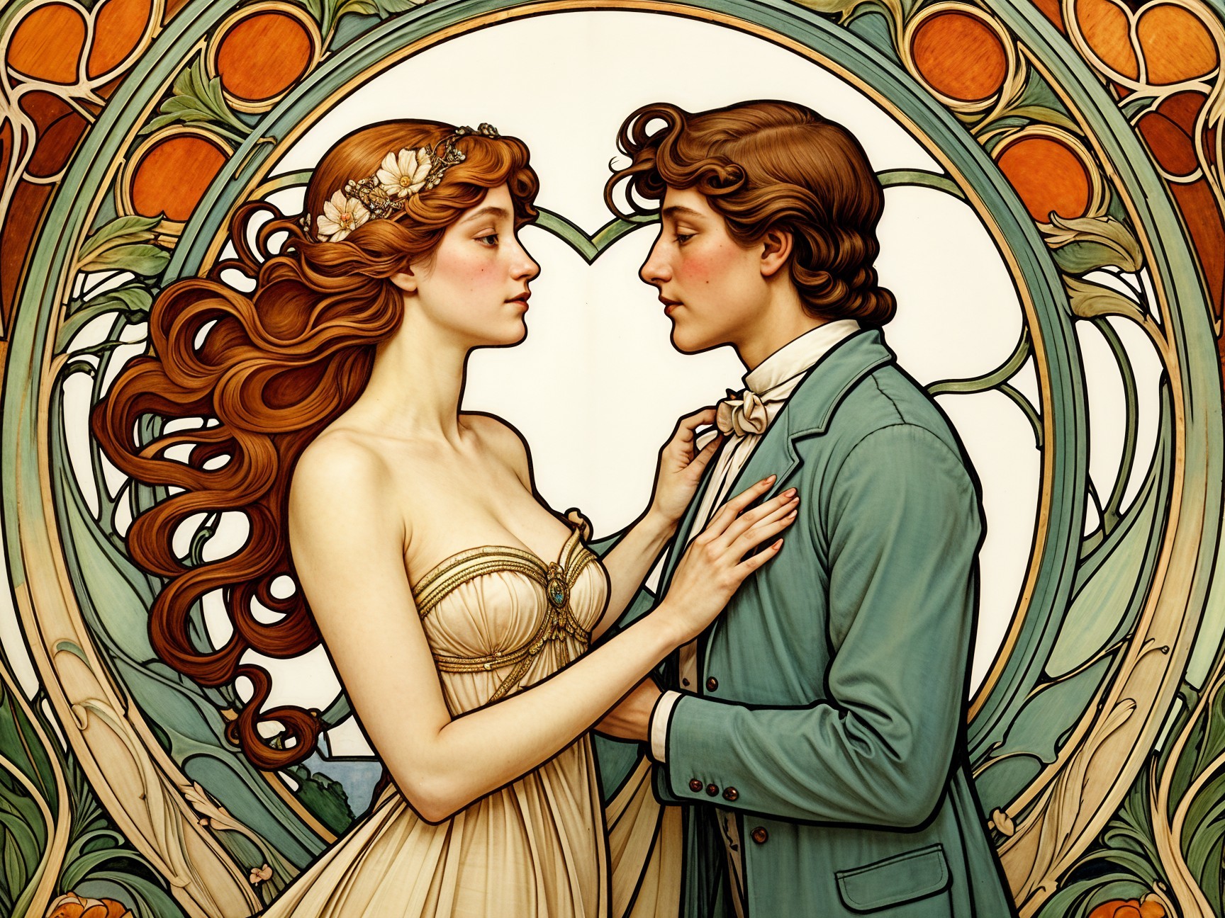 Romantic Art Nouveau Scene with Couple and Floral Patterns