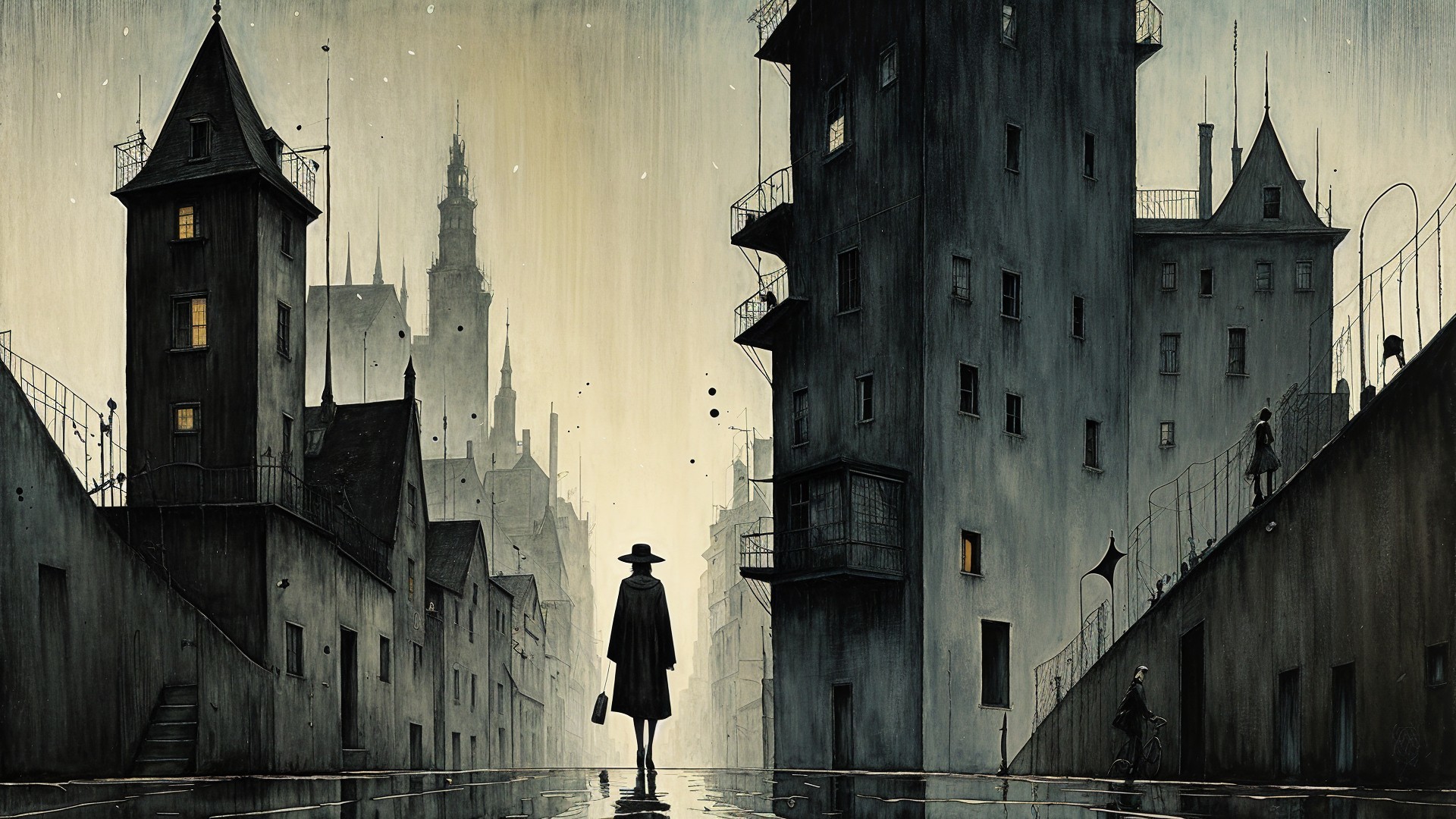 Mysterious Urban Scene with Solitary Figure and Briefcase