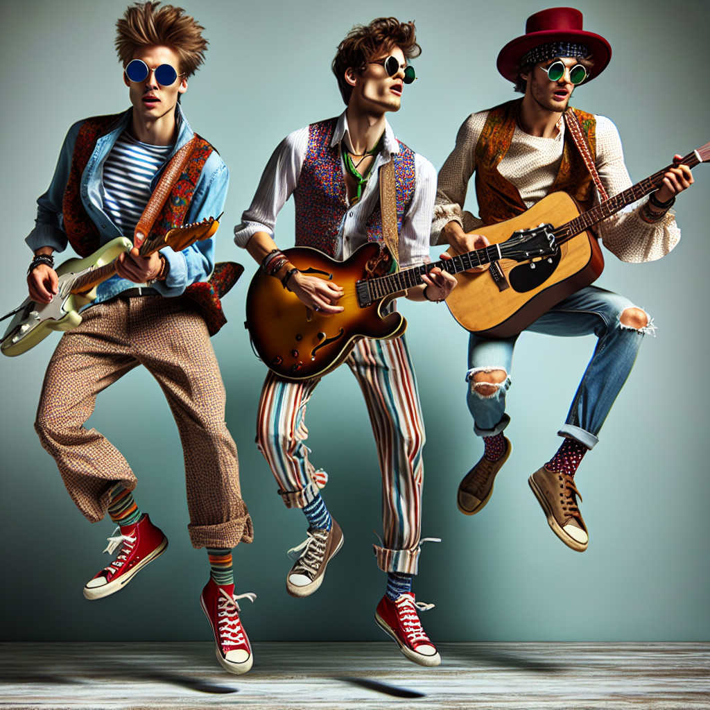 Stylish Musicians Mid-Jump in Vibrant Retro Outfits