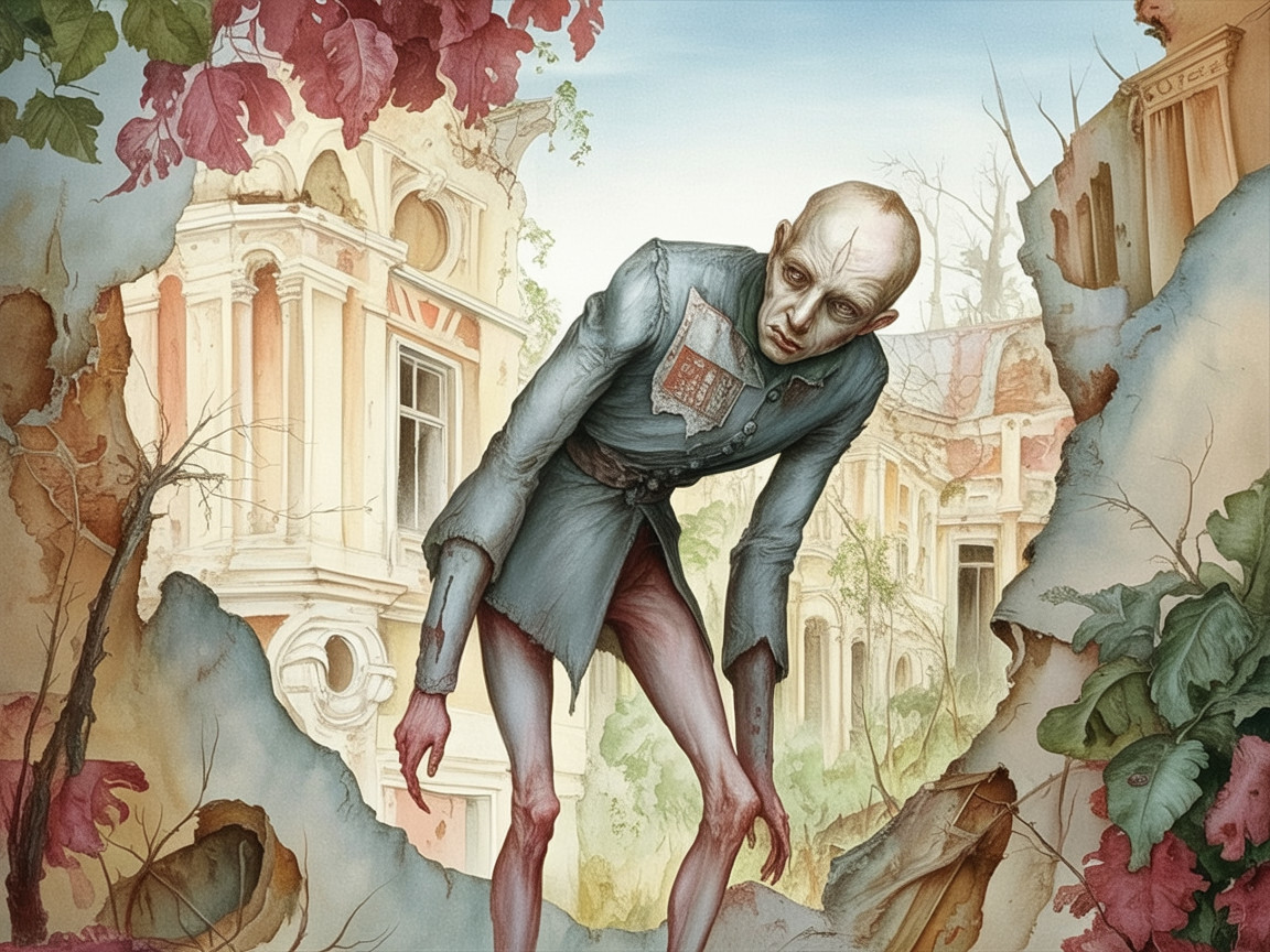 Surreal Figure in Tattered Uniform Amidst Decay