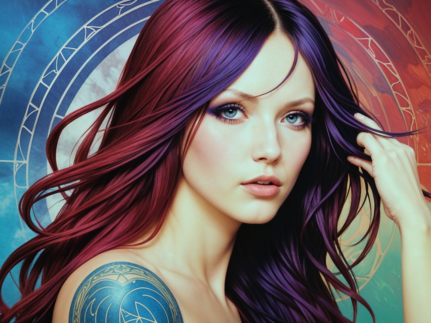 Young woman with purple hair and striking tattoos