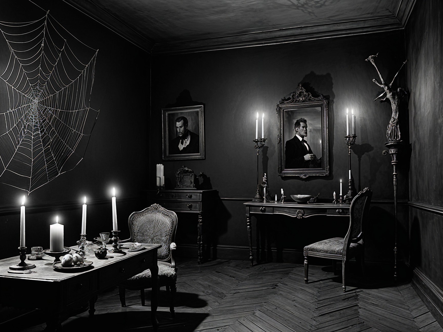Elegant Dimly Lit Room with Antique Furniture and Shadows