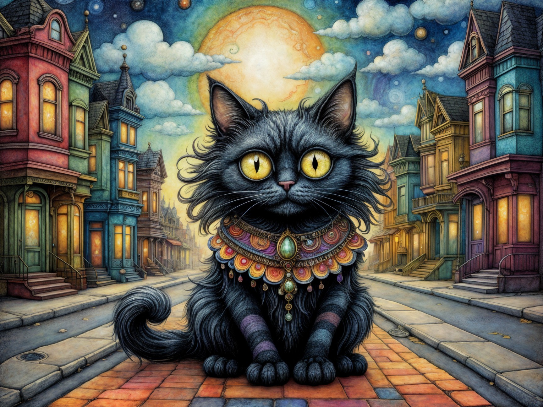 Fluffy black cat with yellow eyes in whimsical street