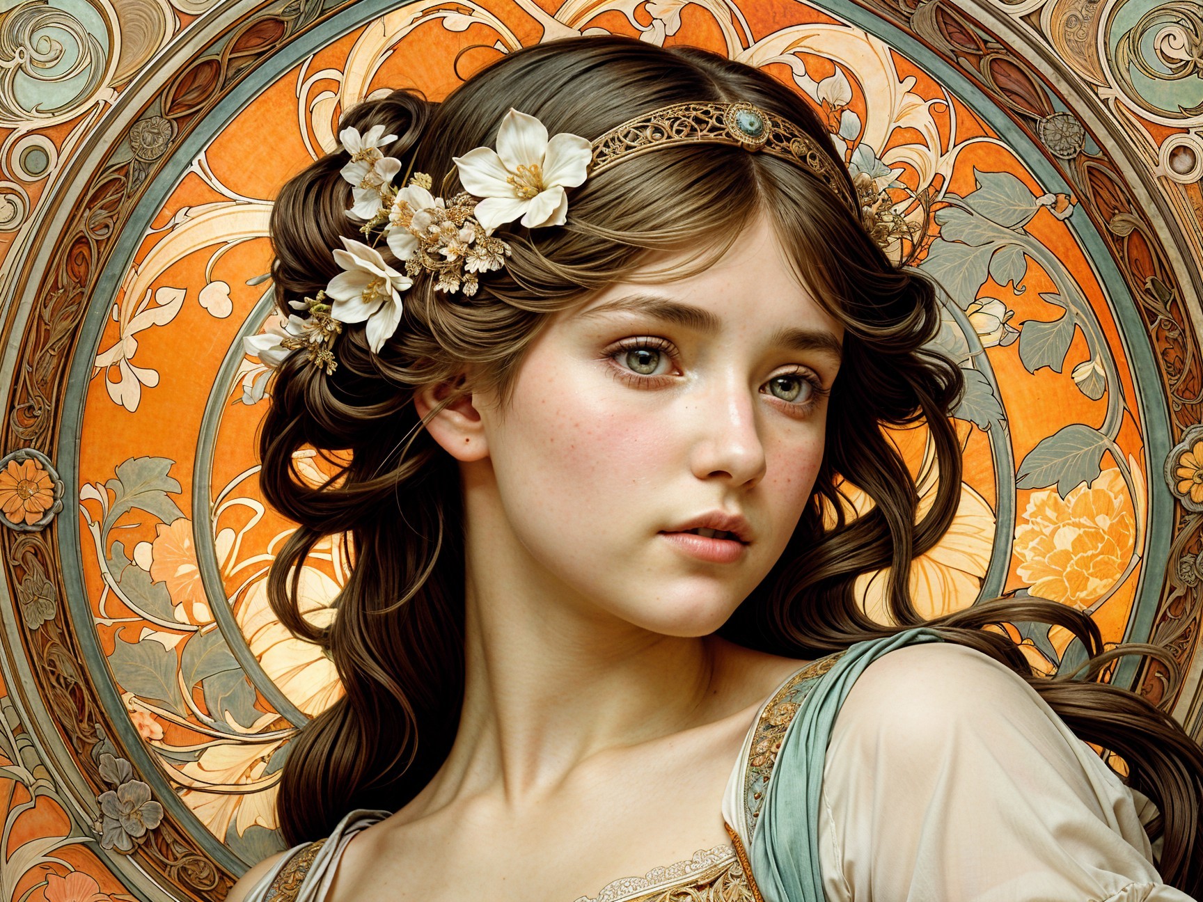 Young woman in gown with floral background details