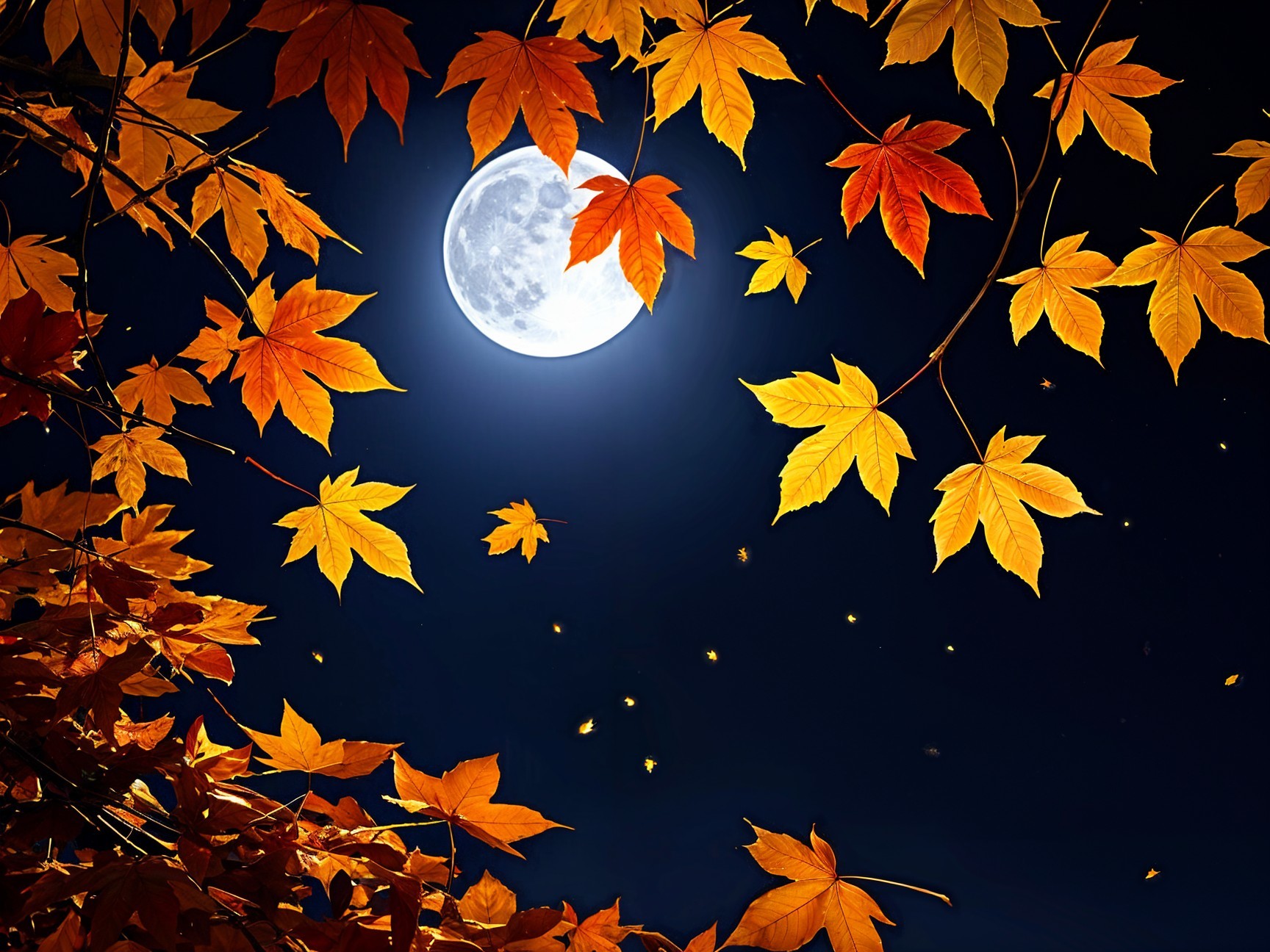 Full Moon Over Dark Blue Sky with Autumn Leaves