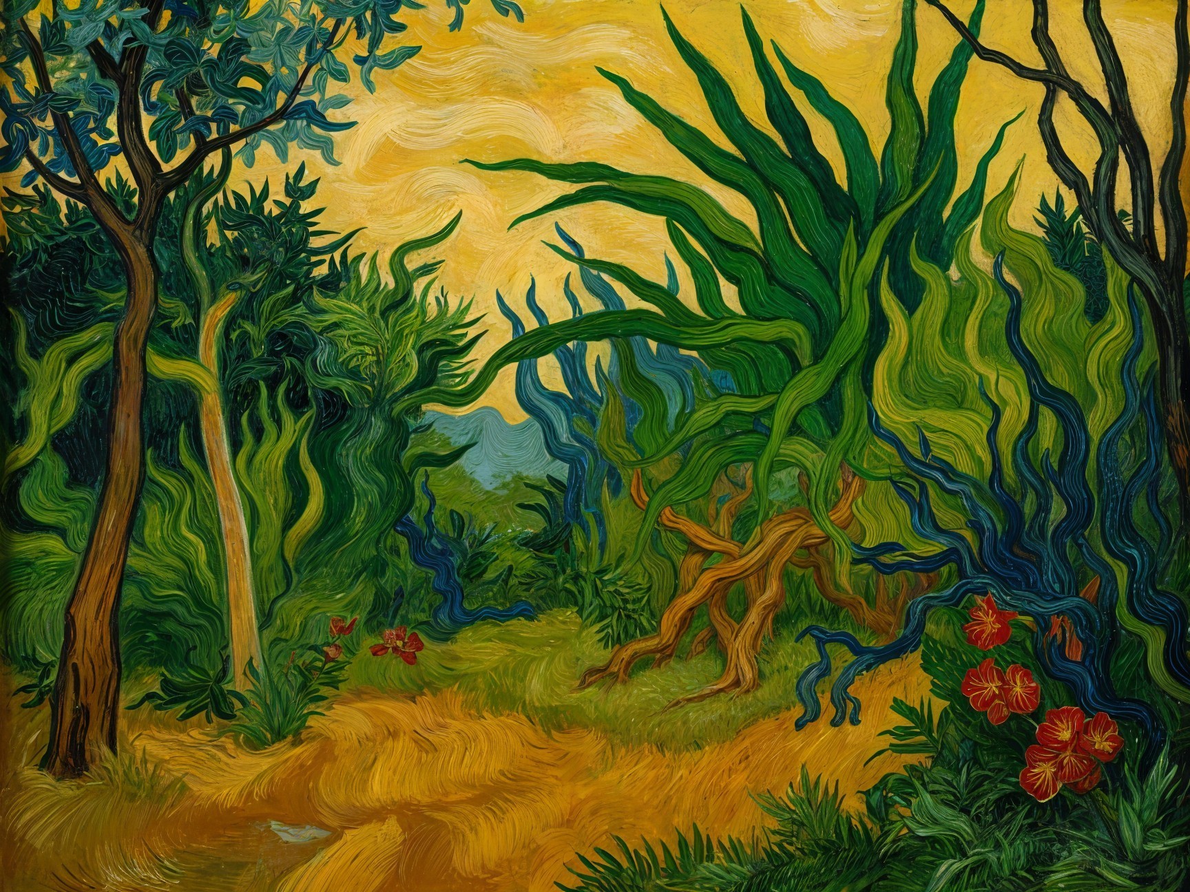 Vibrant Landscape with Swirling Foliage and Colors