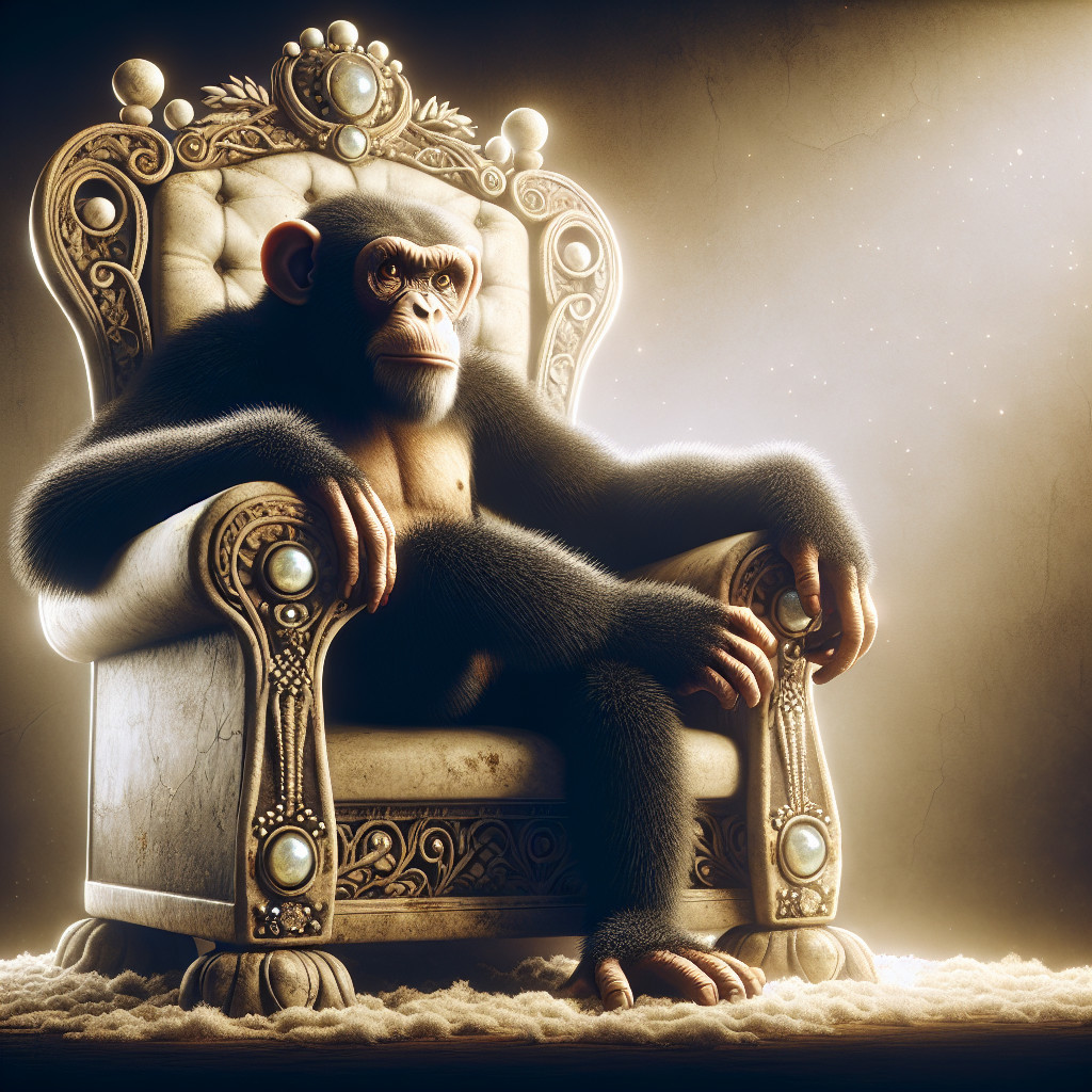 Regal Chimpanzee on Ornate Throne in Majestic Setting