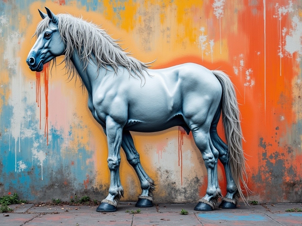 Life-sized gray horse mural on vibrant orange wall