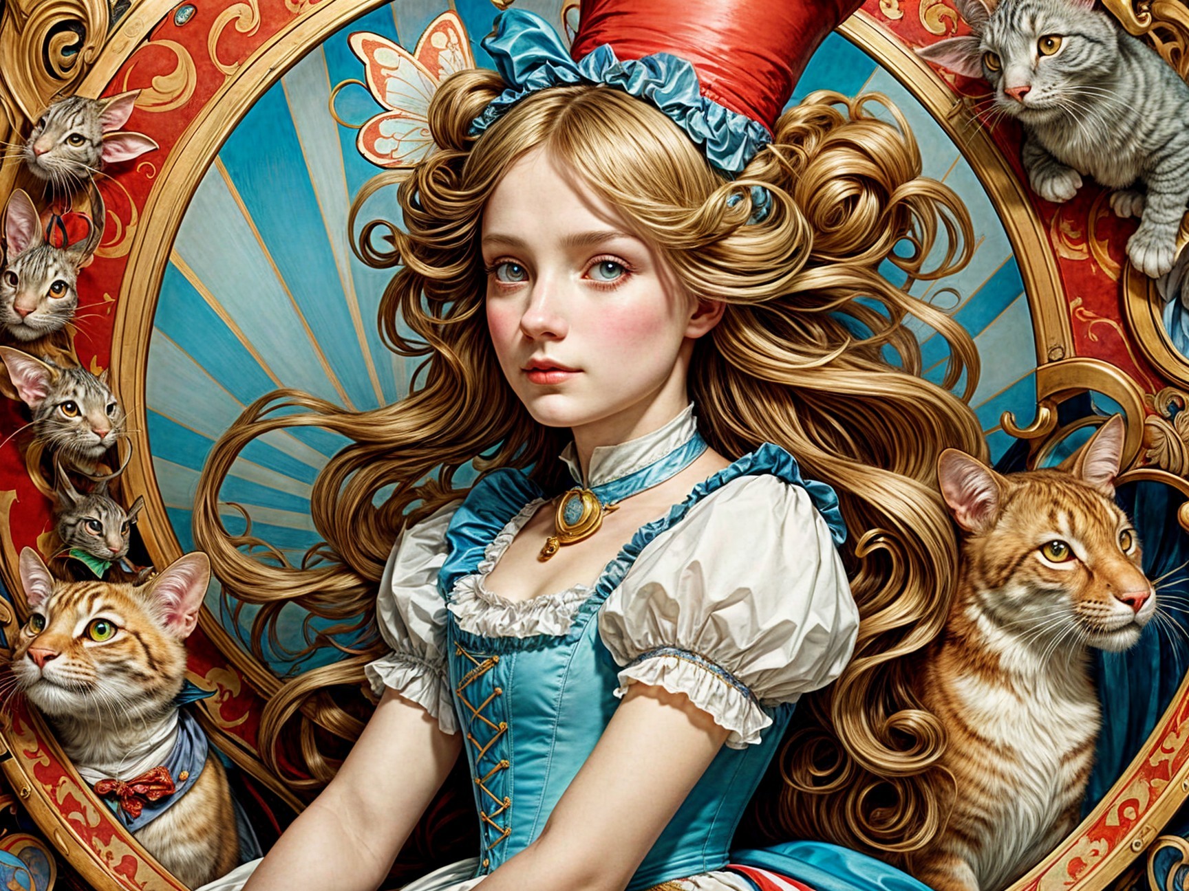 Whimsical Artwork of Girl Surrounded by Cats